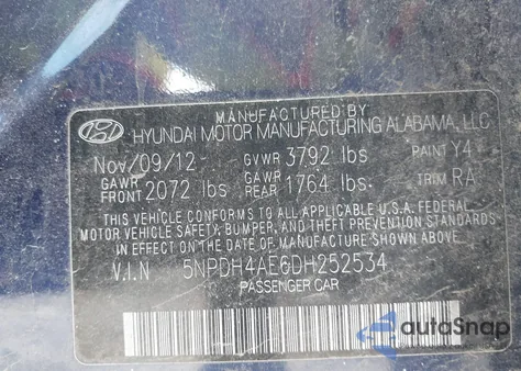 2013 Hyundai Elantra Limited z USA, uszkodzony, nr VIN 5NPDH4AE6DH252534